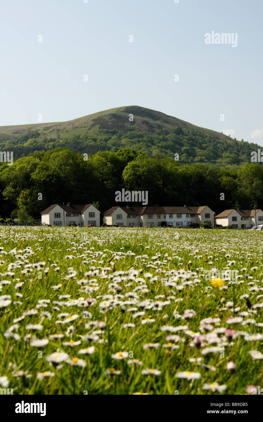 The Garth Mountain near Cardiff, with the village of Taff`s Well at its base, in Spring, Wales, U.K. Stock Photo